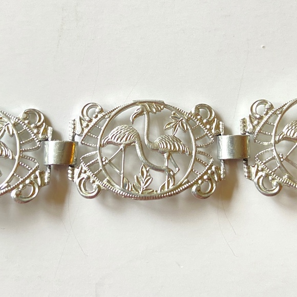 Vintage Flamingo Filigree Bracelet Silver Tone Germany Retro 40-50s MCM Tropical - Picture 3 of 7